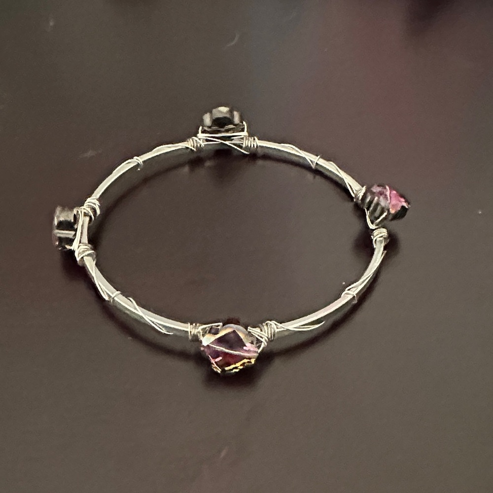 Handcrafted Silver Wire Bangle with Purple Crystal Accents